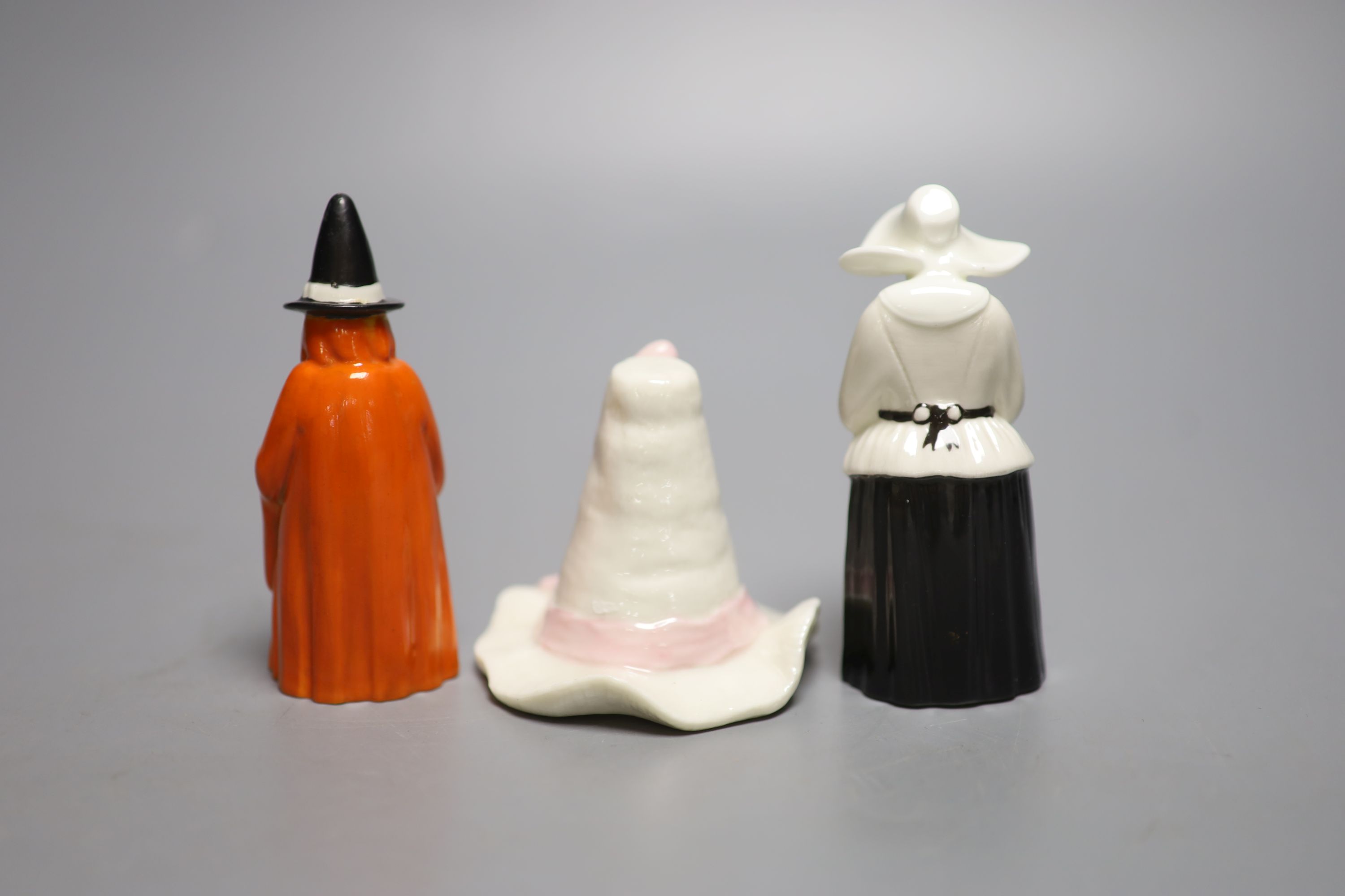 A Royal Worcester candlesnuffer of the Witch, date mark 1924, a Royal Worcester Hat, date mark 1903 and a Royal Worcester snuffer of th